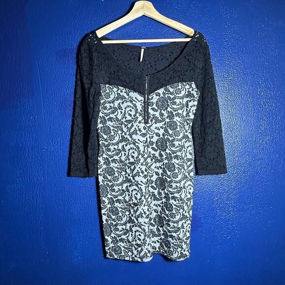 Free People Love You to Pieces Black Gray Floral Mini Bodycon Dress Sz M Casual - Picture 4 of 10